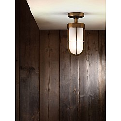 Cabin Semi Flush Frosted Ceiling Light in Antique Brass
