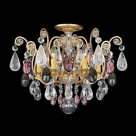 Renaissance Rock Crystal 6 Light Close to Ceiling in Etruscan Gold with Amethyst And Black Diamond Rock Crystal Colors