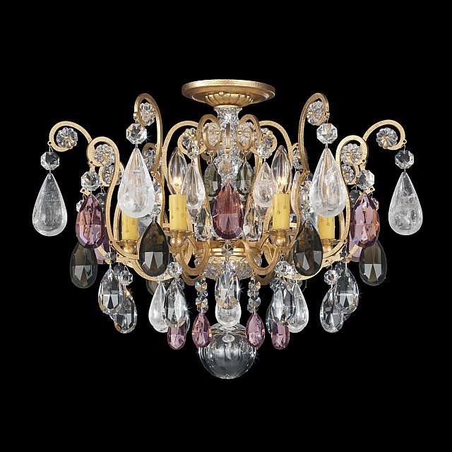 Renaissance Rock Crystal 6 Light Close to Ceiling in Etruscan Gold with Amethyst And Black Diamond Rock Crystal Colors